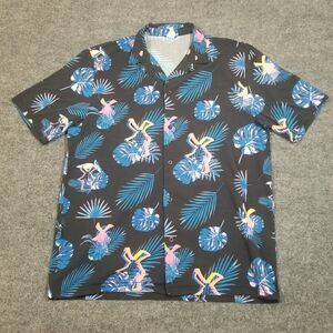 Dutch Bros Men Button Up Shirt X-Large Blue Leaf Print Hawaiian Short Sleeve